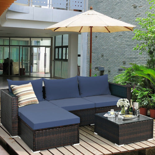 5 Pieces Patio Rattan Sectional Furniture Set with Cushions and Coffee Table -Navy - Color: Navy