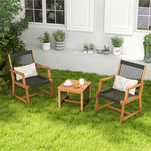 3 Pieces Acacia Wood Patio Furniture Set with Armchairs Coffee Table - Color: Multicolor