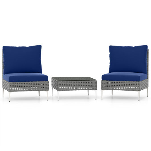 3 Pieces PE Rattan Conversation Chairs with Tempered Glass Coffee Table for Garden Porch-Navy - Color: Navy