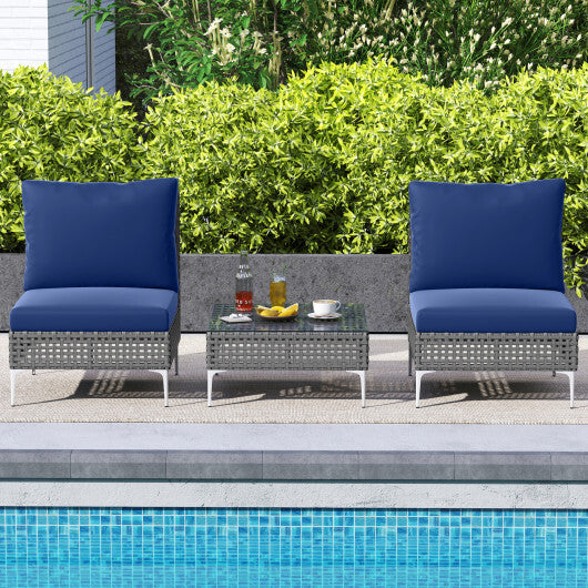 3 Pieces PE Rattan Conversation Chairs with Tempered Glass Coffee Table for Garden Porch-Navy - Color: Navy