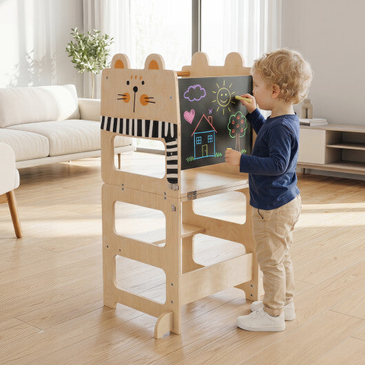 3-in-1 Wooden Kids Toddler Kitchen Step Stool with Blackboard-Black&White