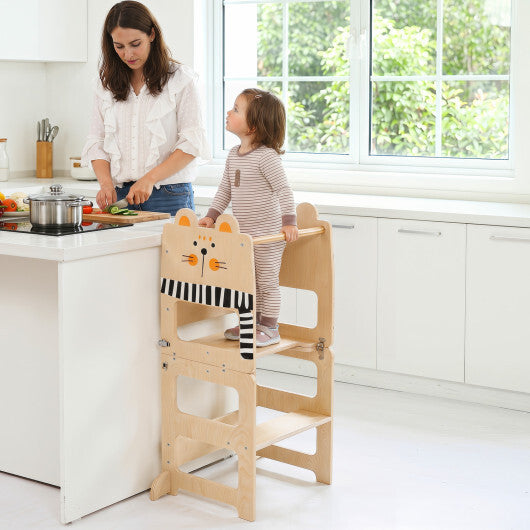 3-in-1 Wooden Kids Toddler Kitchen Step Stool with Blackboard-Black&White