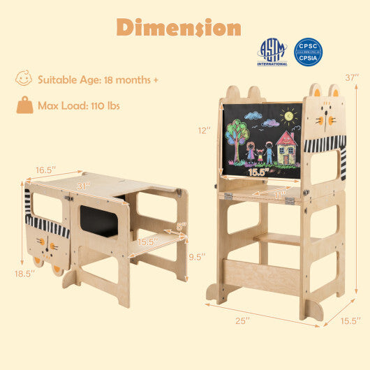 3-in-1 Wooden Kids Toddler Kitchen Step Stool with Blackboard-Black&White