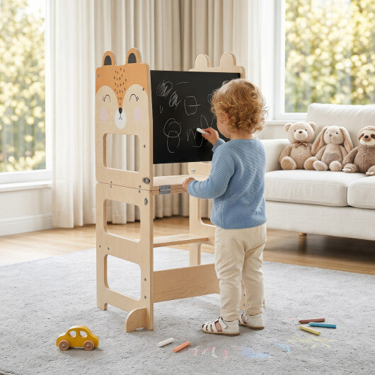 3-in-1 Wooden Kids Toddler Kitchen Step Stool with Blackboard-Black&White