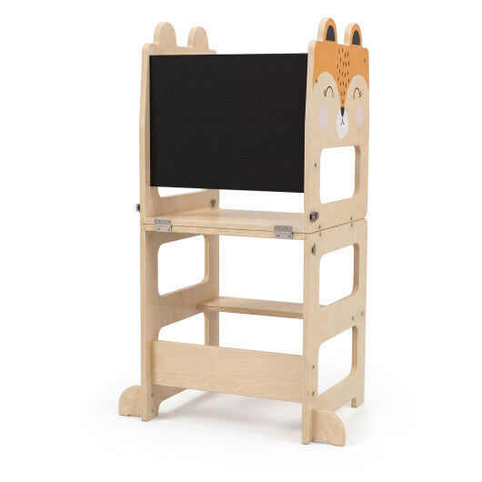 3-in-1 Wooden Kids Toddler Kitchen Step Stool with Blackboard-Black&White