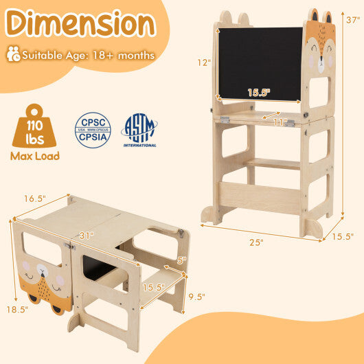 3-in-1 Wooden Kids Toddler Kitchen Step Stool with Blackboard-Black&White