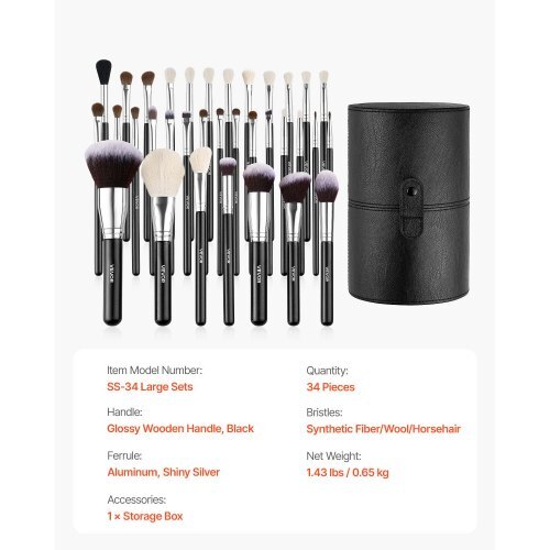 34-Piece Makeup Brush Set, Professional Brushes Kit for Foundation Blending Eyeshadow Concealer Blush - with Soft Bristles, Ergonomic Wood Handle, Travel-Friendly Case Included