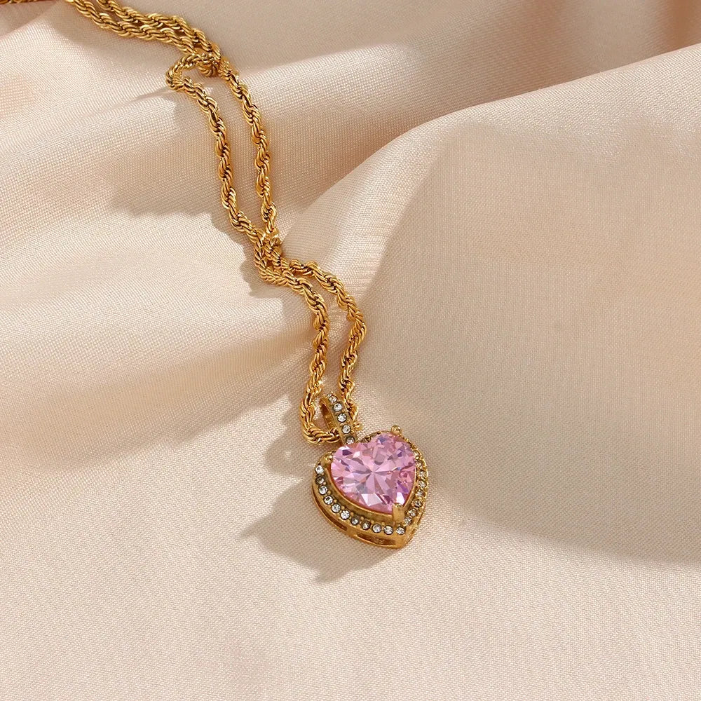 2022 New Stainless Steel PVD Plating Heart Shape AAA Cubic Zircon Stone Pendant Necklace Ladies Party Christmas Jewelry Gift
