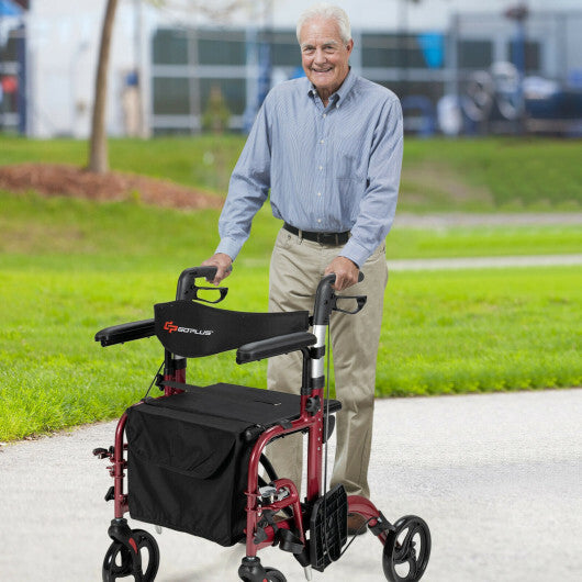 Folding Rollator Walker with Seat and Wheels Supports up to 300 lbs-Red - Color: Red