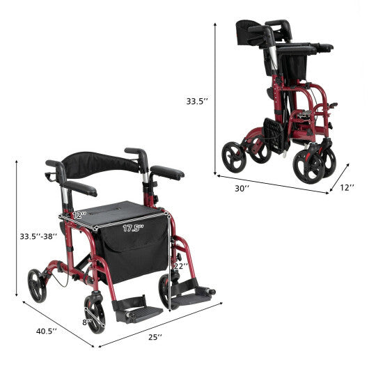 Folding Rollator Walker with Seat and Wheels Supports up to 300 lbs-Red - Color: Red
