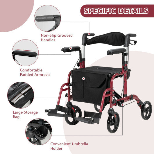 Folding Rollator Walker with Seat and Wheels Supports up to 300 lbs-Red - Color: Red