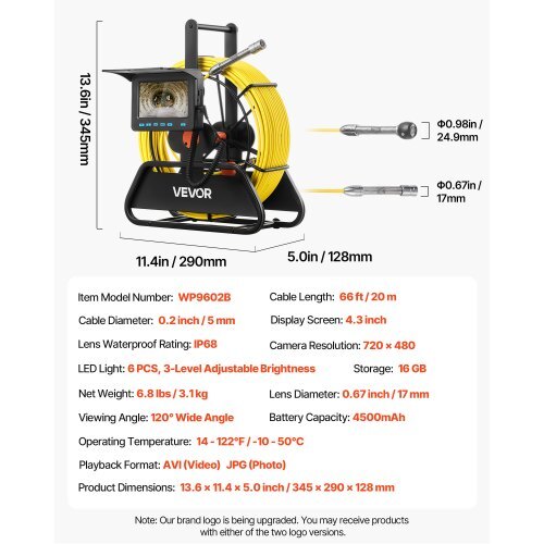Sewer Camera, 66 ft/20m, 4.3" Drain Inspection Camera, IP68 Waterproof Snake Plumbing Camera with Lights - 6 Adjustable LEDs, 4500mAh Battery & 16GB Card for Sewer Line Duct Pipes