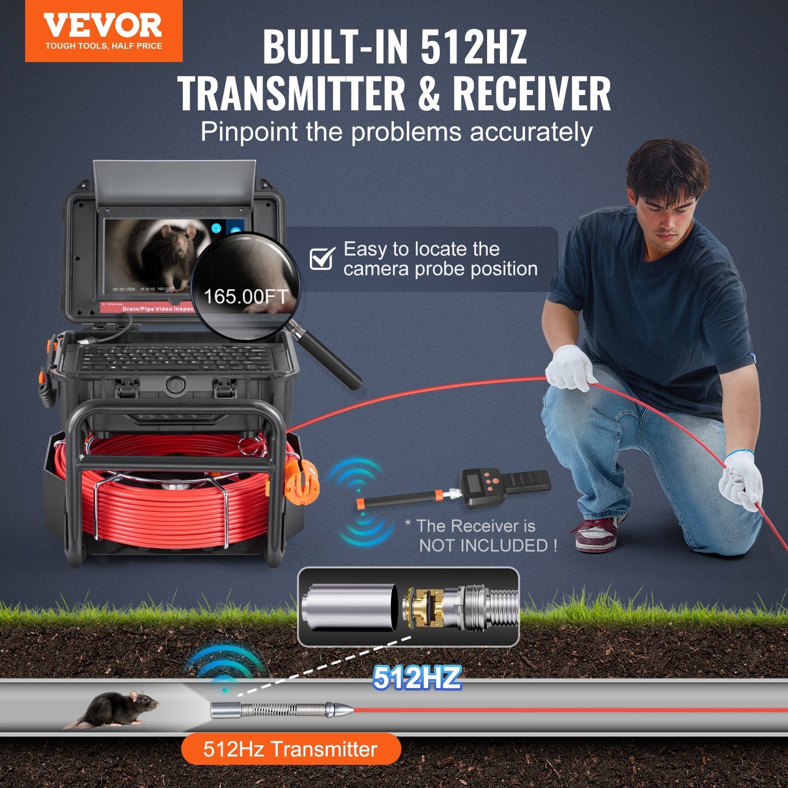 Sewer Camera, 165 ft/50m, Self-Leveling Drain Camera with 10.1" Touchscreen, 512Hz Transmitter & Distance Counter, IP67 Snake Plumbing Camera with Lights-12 LED, 32GB Card for Duct Pipe