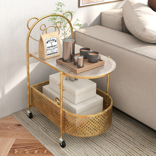 2-Tier Mobile Glass Coffee Table with Bear Pattern-Golden - Color: Golden