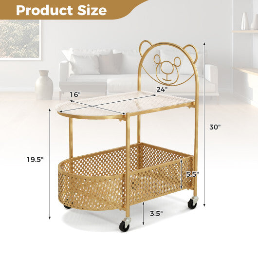 2-Tier Mobile Glass Coffee Table with Bear Pattern-Golden - Color: Golden