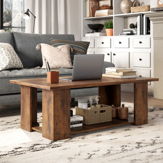 Large 36/41 Inch 2-tier Wooden Modern Coffee Table with Storage Shelf-Coffee - Color: Coffee
