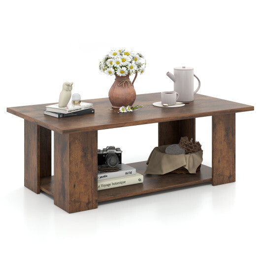 Large 36/41 Inch 2-tier Wooden Modern Coffee Table with Storage Shelf-Coffee - Color: Coffee