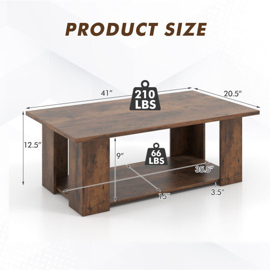 Large 36/41 Inch 2-tier Wooden Modern Coffee Table with Storage Shelf-Coffee - Color: Coffee