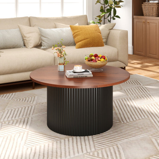 Round Coffee Table with Solid Wood Frame and Wooden Top-Walnut - Color: Walnut