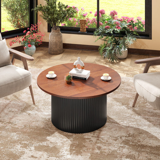 Round Coffee Table with Solid Wood Frame and Wooden Top-Walnut - Color: Walnut
