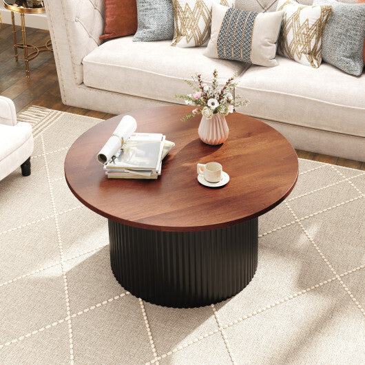 Round Coffee Table with Solid Wood Frame and Wooden Top-Walnut - Color: Walnut