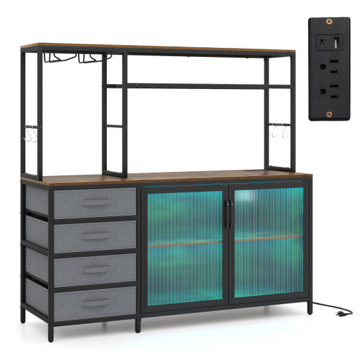 Sideboard Buffet Cabinet with LED Lights 55 inch Coffee Table with Power Outlets-Rustic Brown - Color: Rustic Brown