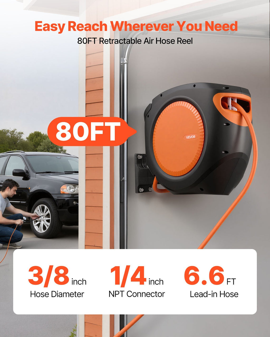 Retractable Air Hose Reel, 3/8 Inch x 80 FT Hybrid Air Hose Max 300PSI, Enclosed Air-Compressor Hoses Reel Auto Rewind with 6.6 ft Lead in, 180? Swivel Ceiling/Wall Mount for Workshops