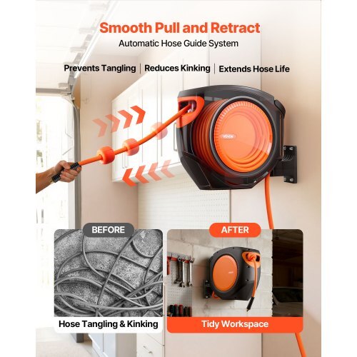 Retractable Air Hose Reel, 3/8 Inch x 80 FT Hybrid Air Hose Max 300PSI, Enclosed Air-Compressor Hoses Reel Auto Rewind with 6.6 ft Lead in, 180? Swivel Ceiling/Wall Mount for Workshops