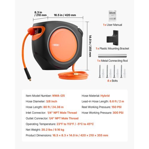 Retractable Air Hose Reel, 3/8 Inch x 80 FT Hybrid Air Hose Max 300PSI, Enclosed Air-Compressor Hoses Reel Auto Rewind with 6.6 ft Lead in, 180? Swivel Ceiling/Wall Mount for Workshops