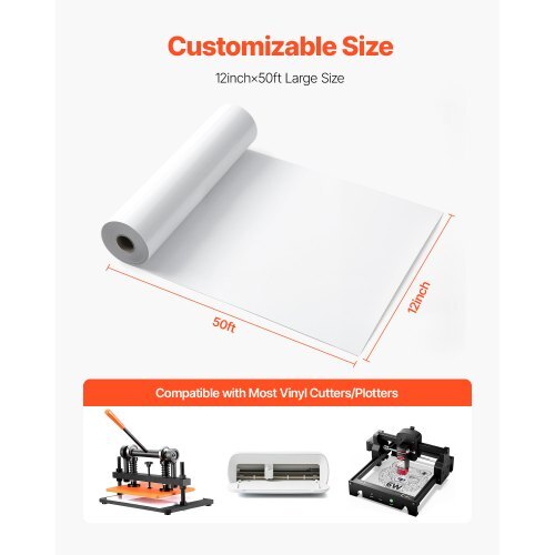 Heat Transfer Vinyl, 12 in x 50 ft, Glossy White HTV Iron on Vinyl Roll, Easy to Cut and Weed, Strong Adhesion, Compatible with Cutting Machines, for Various Materials, T-shirts, Pillows, Hats
