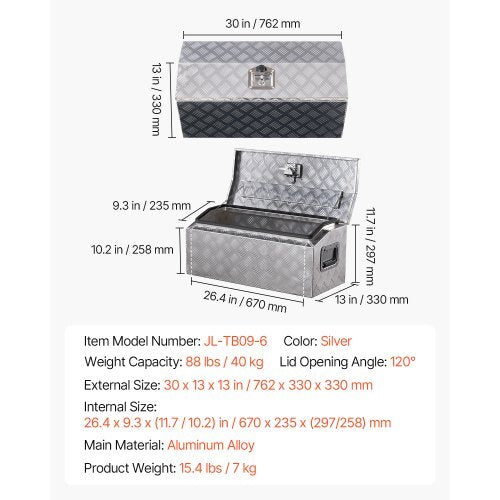 Heavy Duty Aluminum Truck Bed Tool Box, Stripes Plated Tool Box with Side Handle and T-Lock Keys, Storage Toolbox Chest Organizer for Trailer, Pickup, Truck Bed, RV, 30"x13"x13", Silver