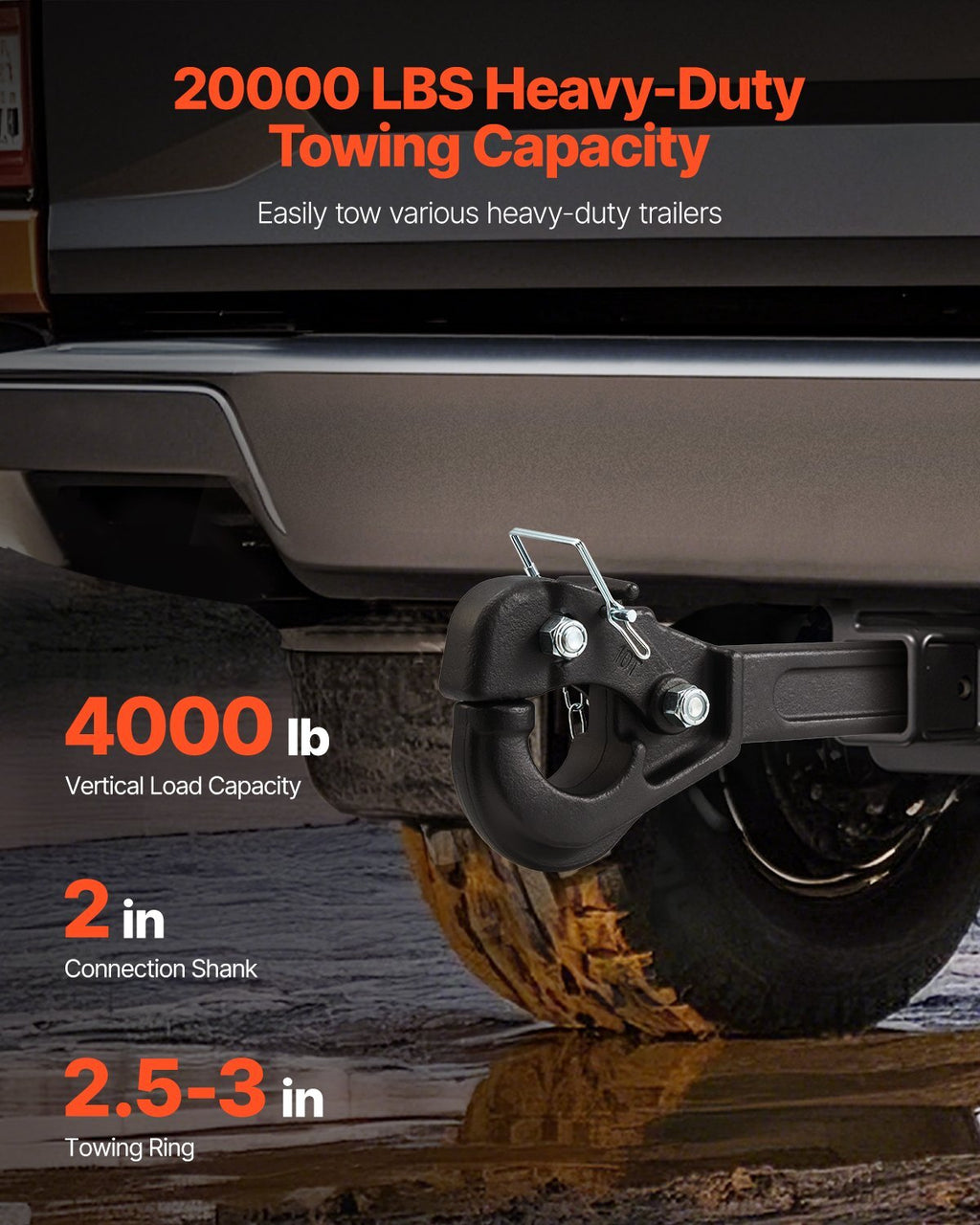 Pintle Hook, 20000 lbs Towing Capacity, Pintle Hitch Receiver for 2-inch Hitch Hook Military Receiver, Fits 2.5 to 3-inch Lunette Ring, 15.6-inch Length, Black Powder Coat, for Various Trailers