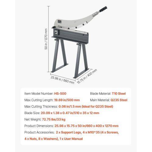 Guillotine Shear, 20 in Bed Width Benchtop Cutter, Manual Hand Plate Shear for Metal Sheet Processing, with Q235 Material, High Precision, Stand, for PCB Board, Aluminum, Steel, Copper, Plastic
