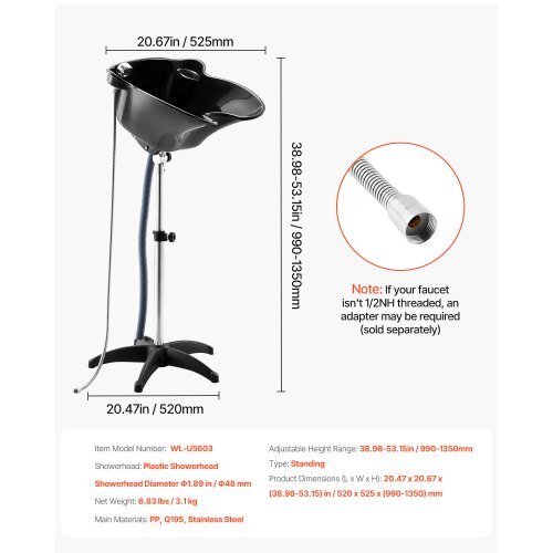 Portable Shampoo Bowl, Deep Shampoo Sink with Adjustable Height & Angle, Includes Drain Hose, Shower Head, Lightweight Hair Wash Basin for Barber Salon Spa Center & Home Use, Black
