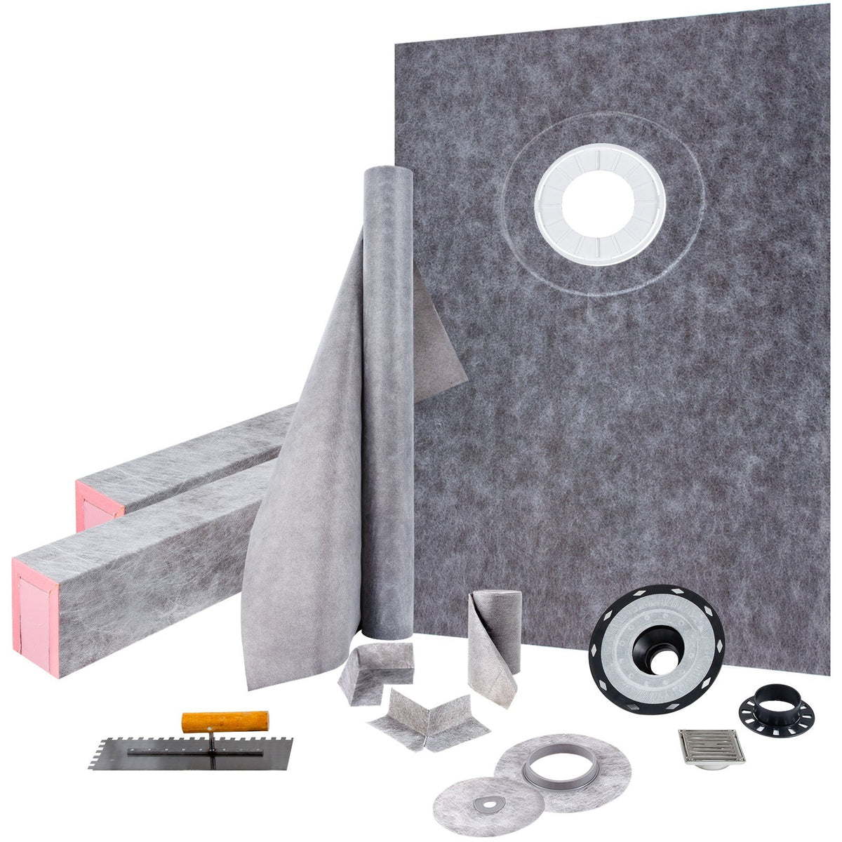 Shower Curb Kit 38" x 60" Watertight Shower Curb Overlay with 4" PVC Offset Bonding Flange, 4" Stainless Steel Grate, 2 Cuttable Shower Curb and Trowel, Shower Pan Slope Sticks Fit for Bathr
