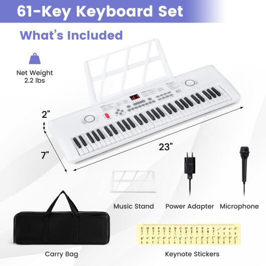 61 Key Electric Portable Digital Keyboard Piano for Beginner-White - Color: White