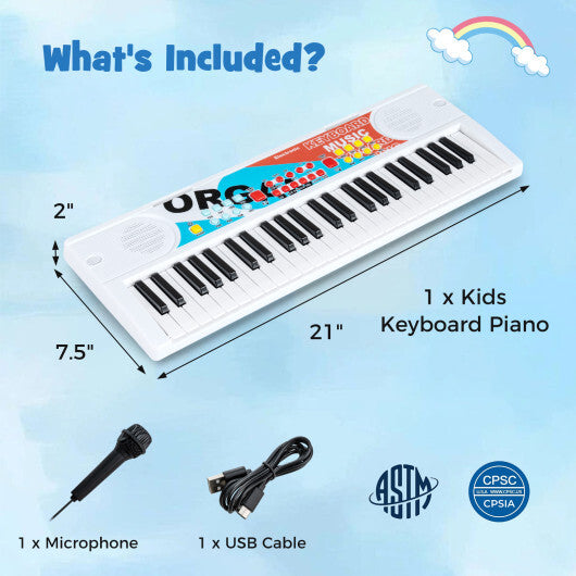 Kids Piano Keyboard 49 Keys Portable Electric Keyboard Piano with 8 Rhythms 8 Tones-White - Color: White