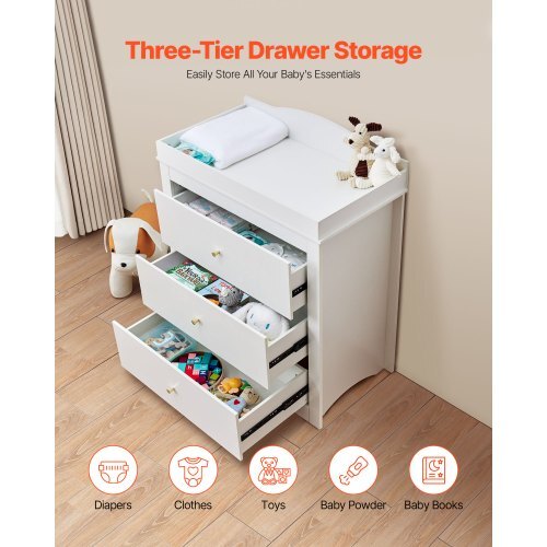 Changing Table Dresser, Baby Diaper Change Station with 3 Drawers, Multi-Functional Modern Changing Table Dresser with Storage Organizer Nursery for Children's Room, White