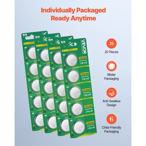 CR2450 Lithium Battery, 20 Count (Pack of 4) Lithium Coin Battery, Non-Mercury and Anti-Swallow Designed, Long Lasting 3V CR 2450 Cell Batteries, for Key Fobs, Glucometers, and Other Devices