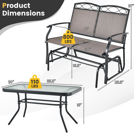 Outdoor Gliding Loveseat Chair with Tempered Glass Coffee Table-2 Pieces - Color: Brown