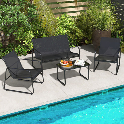4 Pieces Outdoor Conversation Set with Tempered Glass Coffee Table-Black - Color: Black
