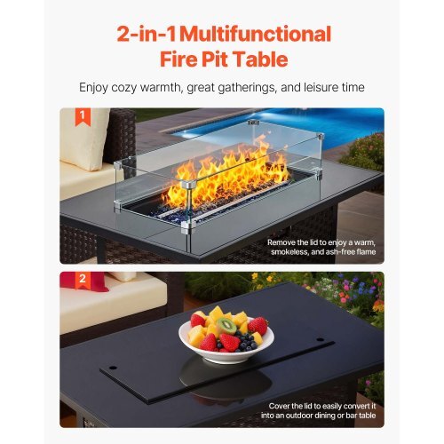 6-Piece Outdoor Patio Furniture Set, Wicker Rattan Outdoor Sectional Conversation Set with 50000BTU Propane Fire Pit Table, Cushioned Sofas, Coffee Table & Ottoman for Patio Garden Backyard