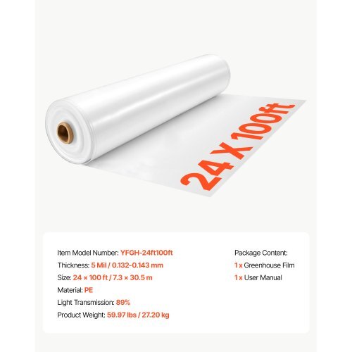 Greenhouse Plastic Sheeting 24 x 100 ft 5 Mil Clear Polyethylene Film, for Farms Agriculture Garden Outdoor Plant, Water Sun Frost Wind Dust Resistant, Heavy Duty Thick Winter Hoop House Cover
