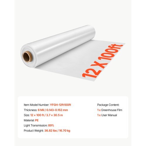 Greenhouse Plastic Sheeting 12 x 100 ft 6 Mil Clear Polyethylene Film, for Farms Agriculture Garden Outdoor Plant, Water Sun Frost Wind Dust Resistant, Heavy Duty Thick Winter Hoop House Cover