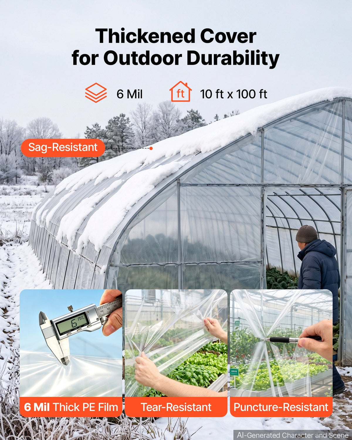 Greenhouse Plastic Sheeting 10 x 100 ft 6 Mil Clear Polyethylene Film, for Farms Agriculture Garden Outdoor Plant, Water Sun Frost Wind Dust Resistant, Heavy Duty Thick Winter Hoop House Cover