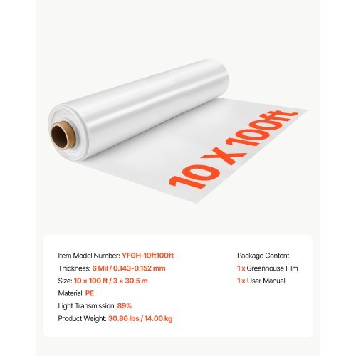 Greenhouse Plastic Sheeting 10 x 100 ft 6 Mil Clear Polyethylene Film, for Farms Agriculture Garden Outdoor Plant, Water Sun Frost Wind Dust Resistant, Heavy Duty Thick Winter Hoop House Cover