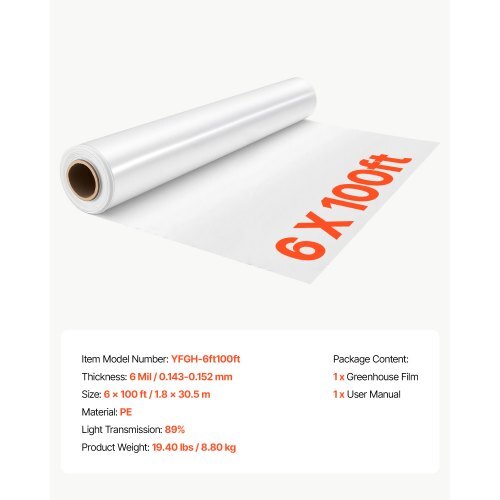 Greenhouse Plastic Sheeting 6 x 100 ft 6 Mil Clear Polyethylene Film, for Farms Agriculture Garden Outdoor Plant, Water Sun Frost Wind Dust Resistant, Heavy Duty Thick Winter Hoop House Cover