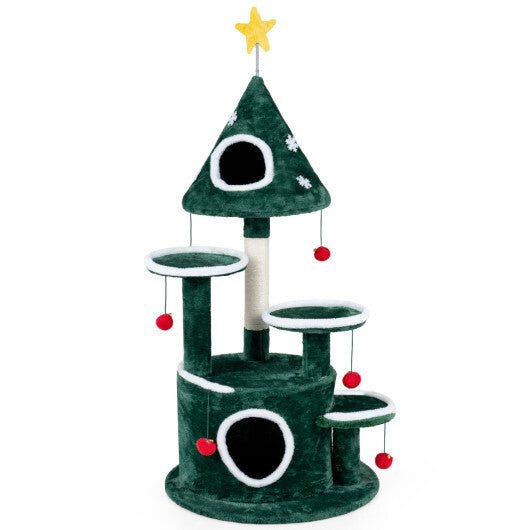 50" Christmas Cat Tree with 2 Condos and Sisal Scratching Post-Green - Color: Green