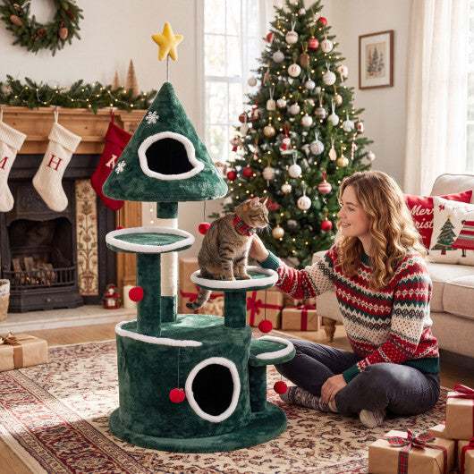 50" Christmas Cat Tree with 2 Condos and Sisal Scratching Post-Green - Color: Green