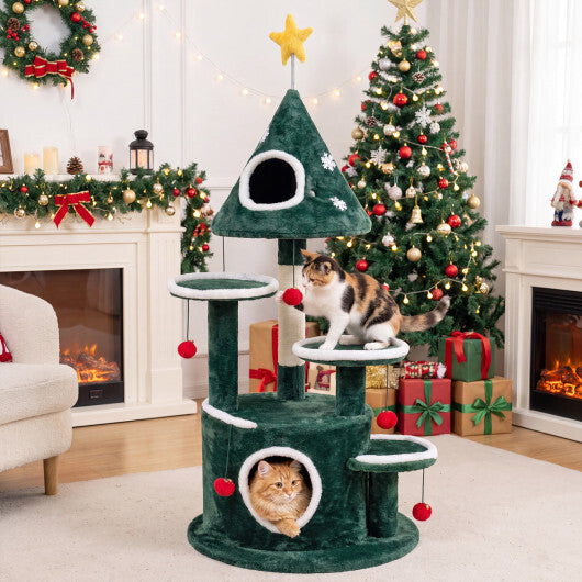 50" Christmas Cat Tree with 2 Condos and Sisal Scratching Post-Green - Color: Green